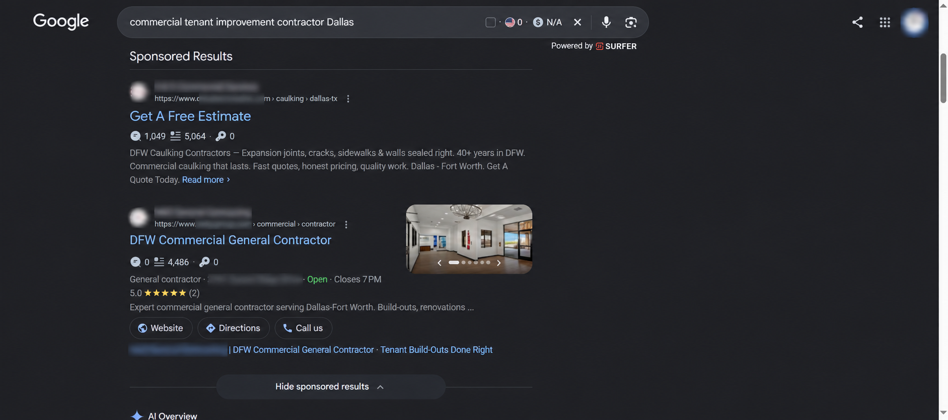 Full commercial sponsored results showing headline and description, plus a contractor photo and contact buttons, with advertiser identities blurred