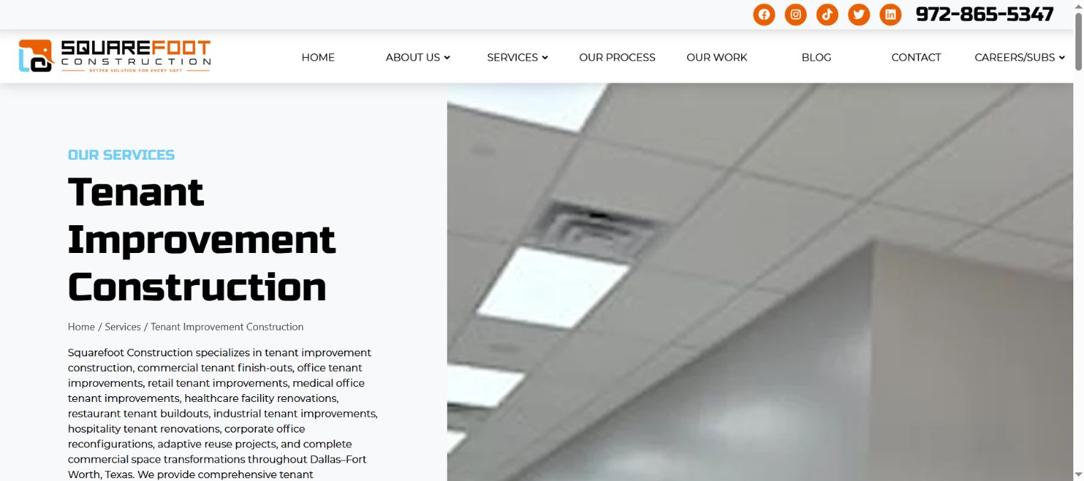 Squarefoot commercial tenant-improvement service page with a specific service heading and commercial project image