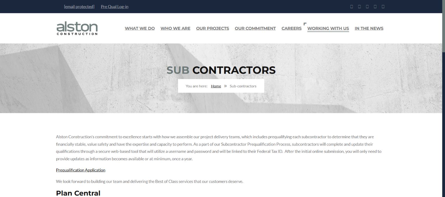 Alston subcontractor page with plan access and prequalification paths