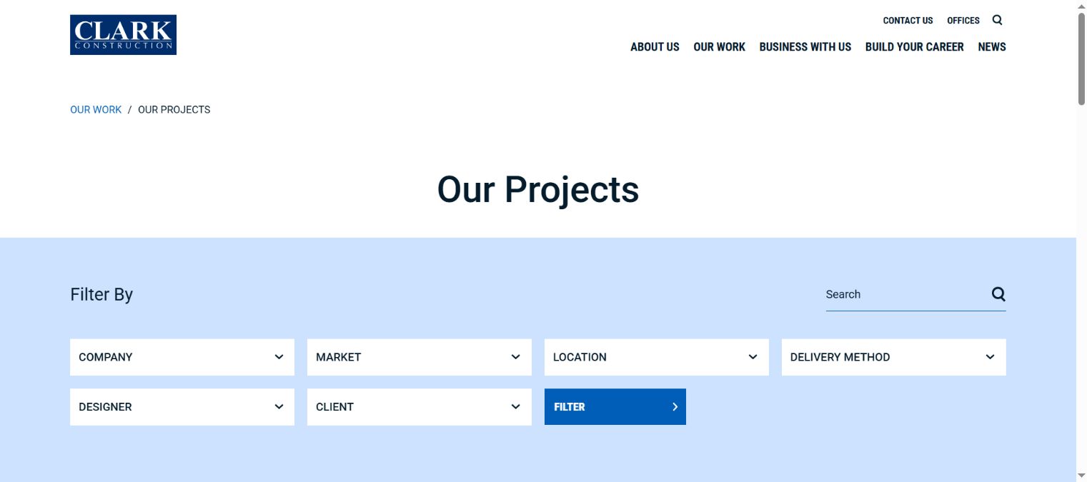 Clark construction projects page with portfolio navigation and ways to narrow the work