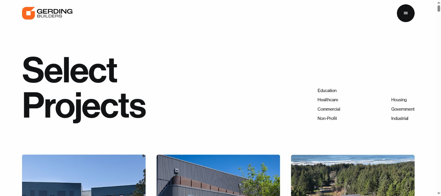 Gerding Select Projects page with named commercial project cards