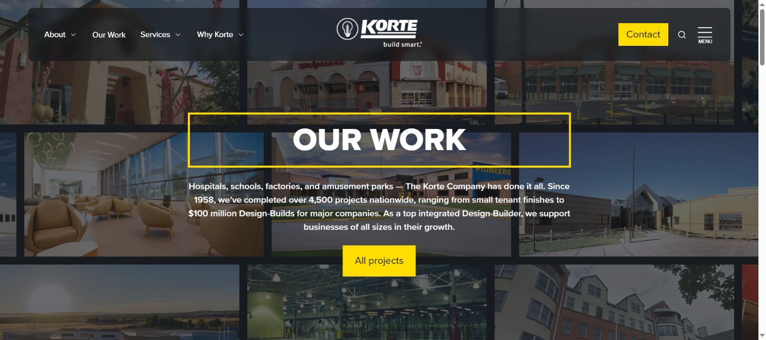 Korte markets and work page with a clear project portfolio destination
