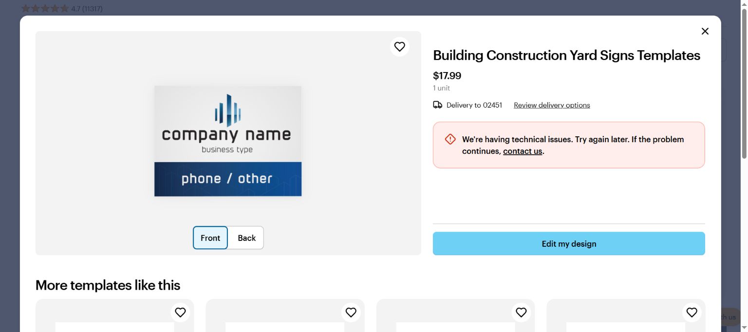 VistaPrint blue construction sign template preview