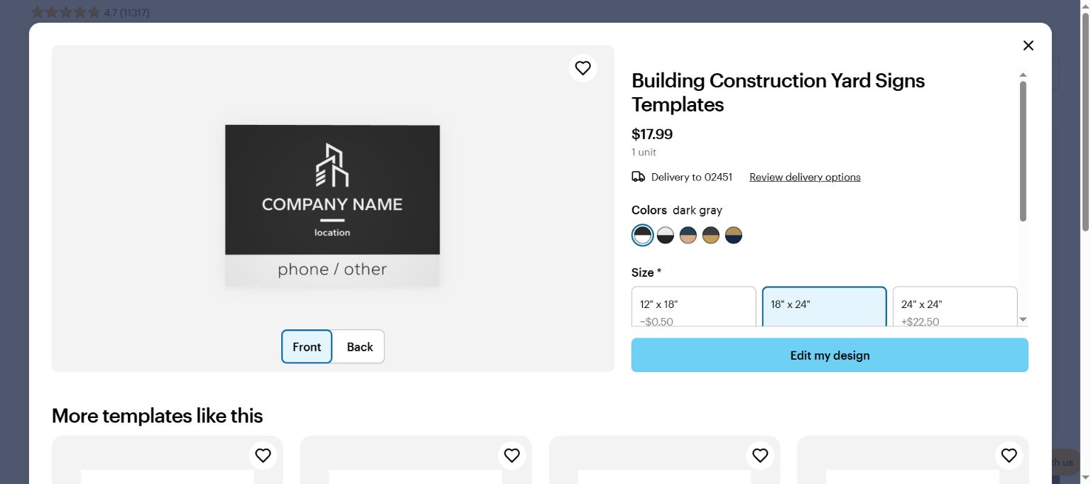 VistaPrint dark gray construction sign template preview with company placeholder and a separate phone strip