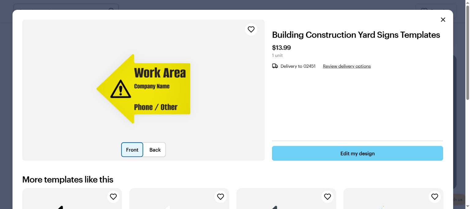 VistaPrint yellow and black construction sign template preview