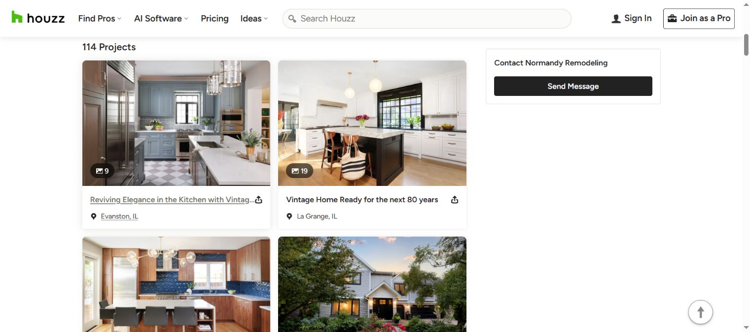 Normandy Remodeling Houzz project gallery showing kitchen projects with town labels