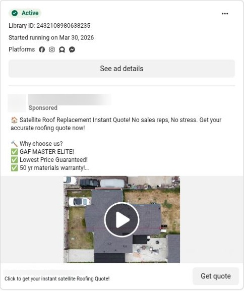 Roofing ad offering an instant satellite quote before a sales visit