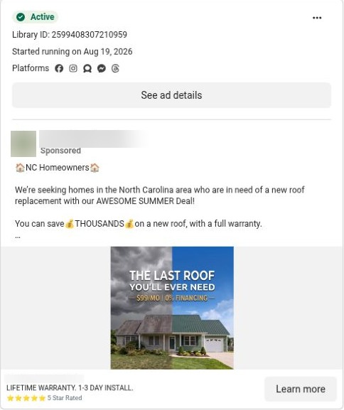 Seasonal metal-roofing promotion with an estimate offer and payment message