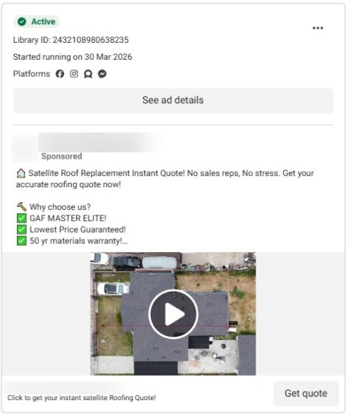 Satellite roof-quote ad offering an online quote without a sales visit.