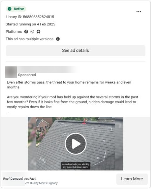 Storm-related roofing ad connecting roof condition concerns to an inspection.