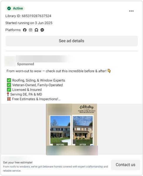 Roofing and exterior-work ad with paired before-and-after photographs.
