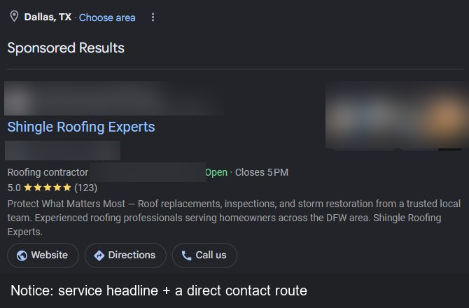 Sponsored roofing result with service headline, roof photos and contact actions