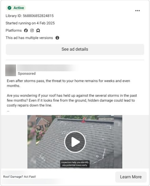 Post-storm roofing ad inviting homeowners to assess their roof after bad weather