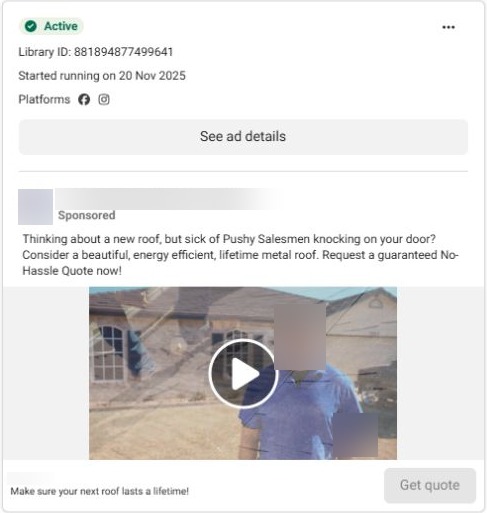 Roofing ad addressing homeowners who are tired of pushy door-to-door salespeople