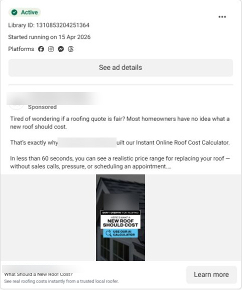 Example ad presenting an online roof cost range without booking an appointment