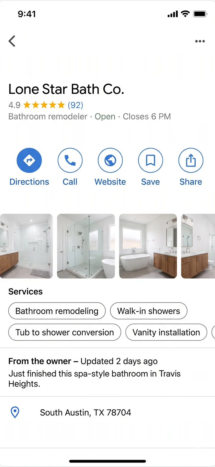 Google Maps profile for Lone Star Bath Co. with 4.9 stars, photos and services